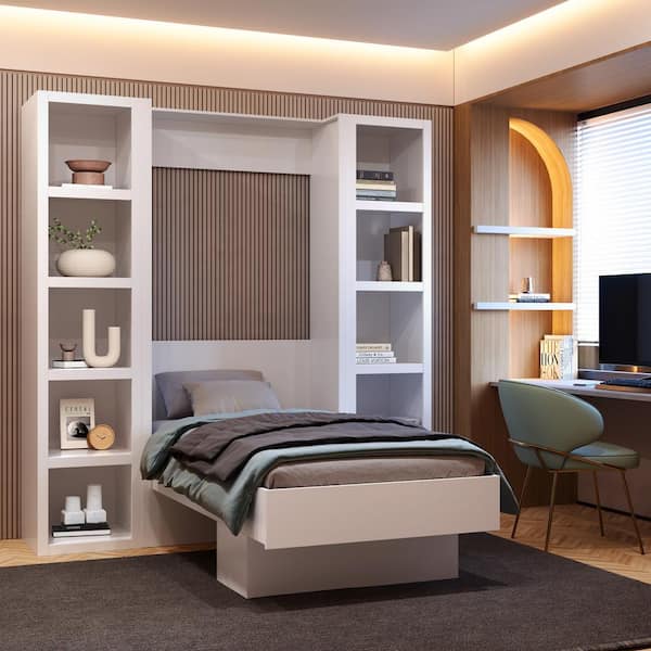 Easy-Lift White Wood Frame Twin Murphy Bed with Bookshelf