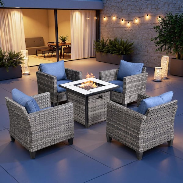 Camden 5-Piece 4-Seat Gray Wicker Outdoor Patio Conversation Set with Square 50000 BTU Fire Pit and Denim Blue Cushion