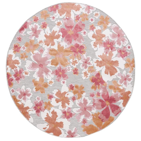 SAFAVIEH Cabana Gray/Rose 6 ft. x 6 ft. High-Low Abstract Floral Indoor/Outdoor Round Area Rug