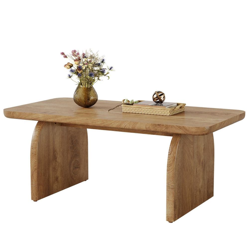Allan 47 in. Light Brown Rectangle Wood Coffee Table with Sturdy Base and Rounded Corners, Farmhouse Accent Center Table