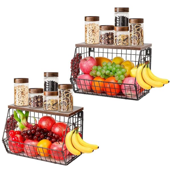 2 Piece Metal Fruit Vegetable Storage Bin with 2 Banana Hangers, Kitchen Countertop Wire Basket Organizer for Snack
