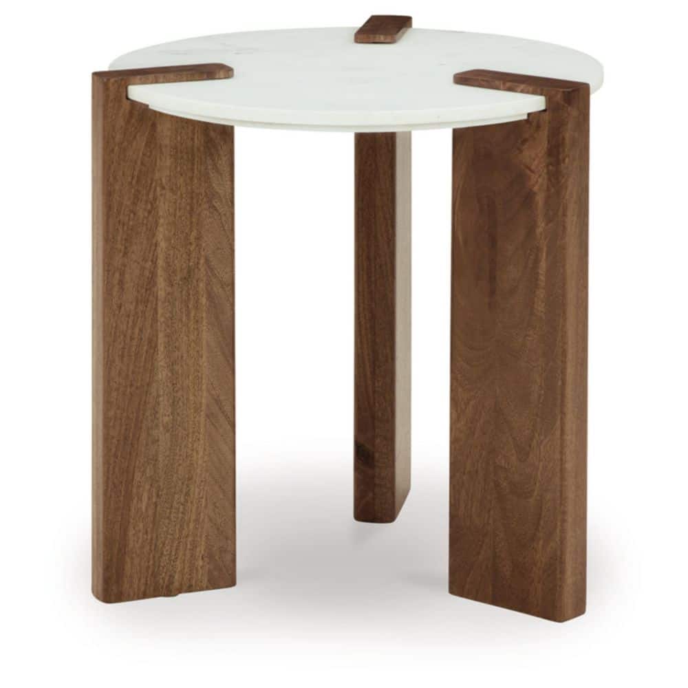 Round White Marble and Brown Wood End Table