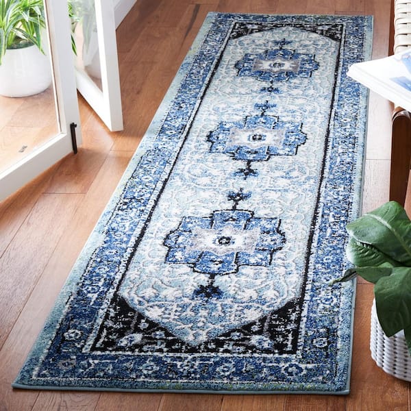 Vintage Hamadan 2 ft. x 8 ft. Blue/Light Green Medallion Ornate Runner Rug