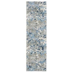Emory Gray/Blue 2 ft. x 8 ft. Marble Abstract Polypropylene Polyester Blend Runner Indoor Area Rug