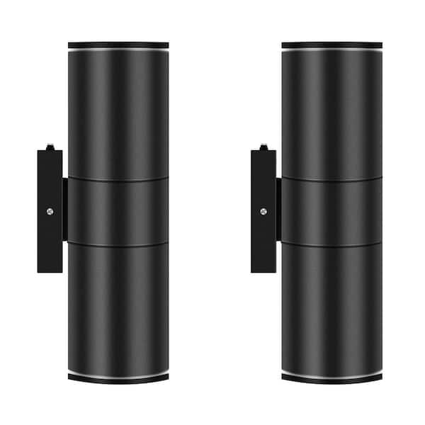 GMGSROM 11.5 in. Black Aluminum Modern Dusk to Dawn Outdoor Cylinder LED Wall Lantern Scone (Set of 2)