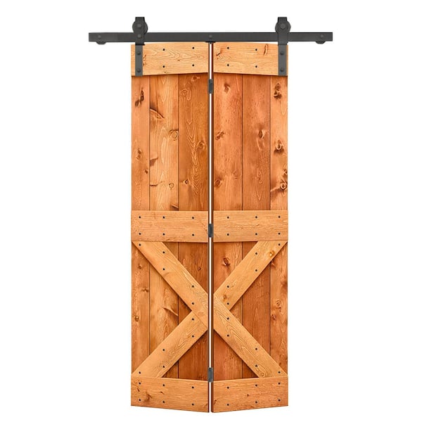 CALHOME 30 in. x 84 in. Mini X Series Solid Core Red Walnut Stained DIY Wood Bi-Fold Barn Door with Sliding Hardware Kit