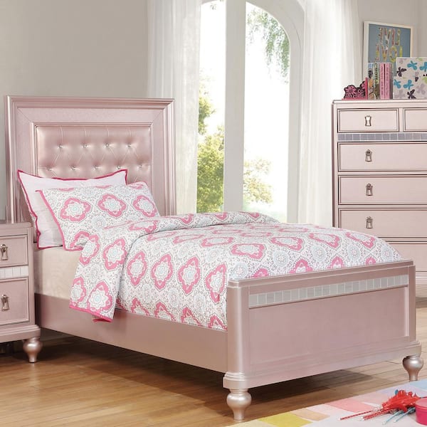 Furniture of America Kloe Pink Wood Frame Twin Panel Bed with Tufted Headboard