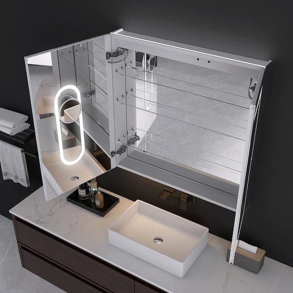 36 in. W x 36 in. H Rectangular Silver Aluminum Recessed/Surface Mount Medicine Cabinet with Mirror and LED