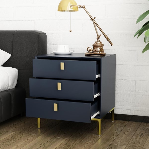 FUFU&GAGA Black 3-Drawers 19.6 in. Width x 21.3 in. Height Wooden Nightstand, Bed Side Table with Golden Legs for Bedside Storage