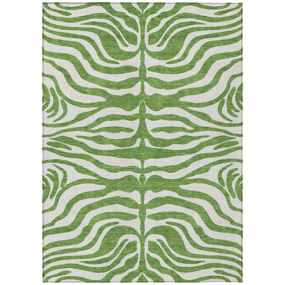Green and Off-White Zebra Pattern Washable Synthetic Area Rug