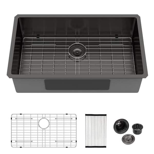 28 in. Gunmetal Black Undermount Sink 16-Gauge Stainless Steel Single Bowl Kitchen Sink with Nano Coating