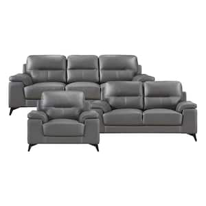 Argonne 88.75 in. W Straight Arm Leather Rectangle 3-Piece Living Room Sofa Set in Dark Gray