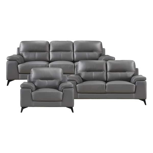 Argonne 88.75 in. W Straight Arm Leather Rectangle 3-Piece Living Room Sofa Set in Dark Gray