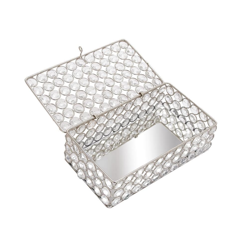 Silver Metal Rectangular Jewelry Box with Rhinestone Embellishments