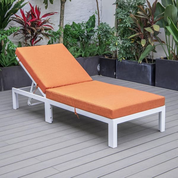 Leisuremod Chelsea Modern White Aluminum Outdoor Patio Chaise Lounge Chair with Orange Cushions