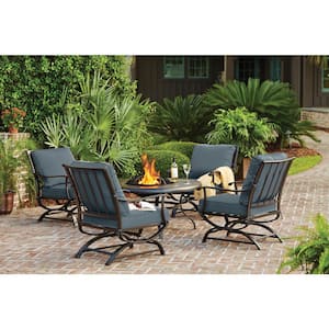 Redwood Valley Black 5-Piece Steel Outdoor Patio Fire Pit Seating Set with Sunbrella Denim Blue Cushions