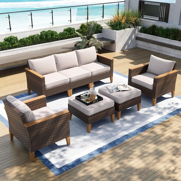 PHI VILLA Brown Wicker Rattan 7 Seat 7-Piece Steel Outdoor Patio Conversation Set with Beige Cushions and 2 Ottomans
