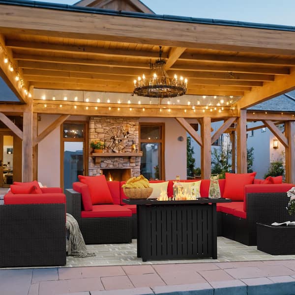 Tozey Luxury 13-Piece Fire Pit Patio Sets Outdoor Conversation Set with Red Cushions