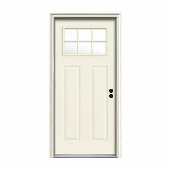 JELD-WEN 30 in. x 80 in. 6 Lite Craftsman Vanilla Painted Steel Prehung Left-Hand Inswing Front Door w/Brickmould