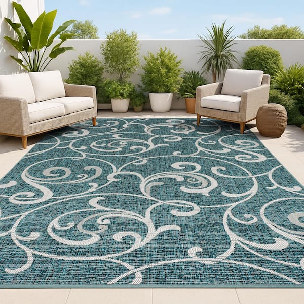 Maribel Traditional Classic All-Over Scroll Turquoise/Cream 8 ft. x 10 ft. Indoor/Outdoor Area Rug