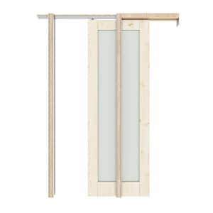 56 in. x 80 in. 1-Lite Frosted Glass Solid Core Pine Wood Unfinished Pocket Sliding Door with Pocket Door Hardware