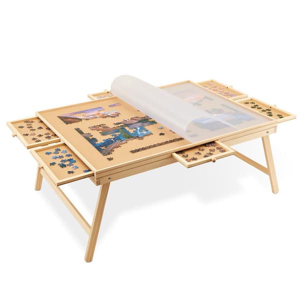 1500-Piece Puzzle Board with Drawers, Foldable Legs and Cover-Wooden Jigsaw Puzzle Table