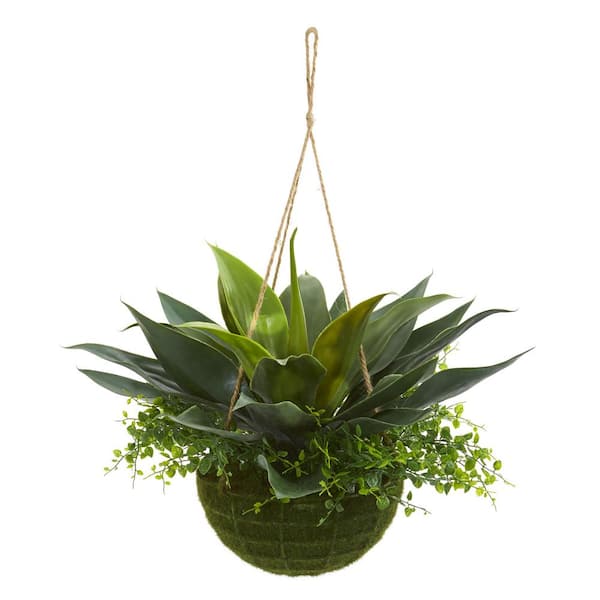 Nearly Natural Indoor Outdoor Agave And Maiden Hair Artificial Plant In Hanging Basket 4285 The Home Depot