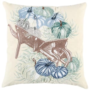Natural/Blue Harvest Wheelbarrow of Pumpkins Poly Filled 20 in. x 20 in. Decorative Throw Pillow