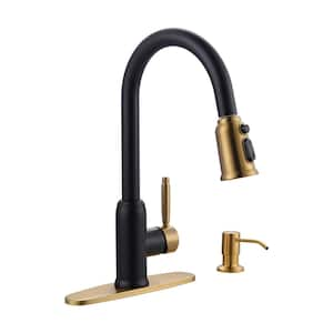 Stainless Steel Single Handle Pull Down Sprayer Kitchen Faucet with Soap Dispenser in Black and Gold