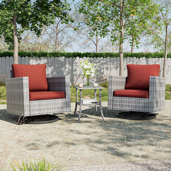 Sonkuki 3-Piece Gray Wicker Outdoor Swivel Rocking Chairs Patio Bistro Set with Side Table Rust Red Cushion