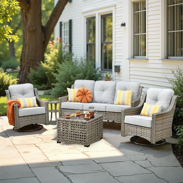 HOOOWOOO Denver 5-Piece Wicker Outdoor Furniture Patio Conversation Sofa Set with Swivel Rocking Chairs and Light Grey Cushions