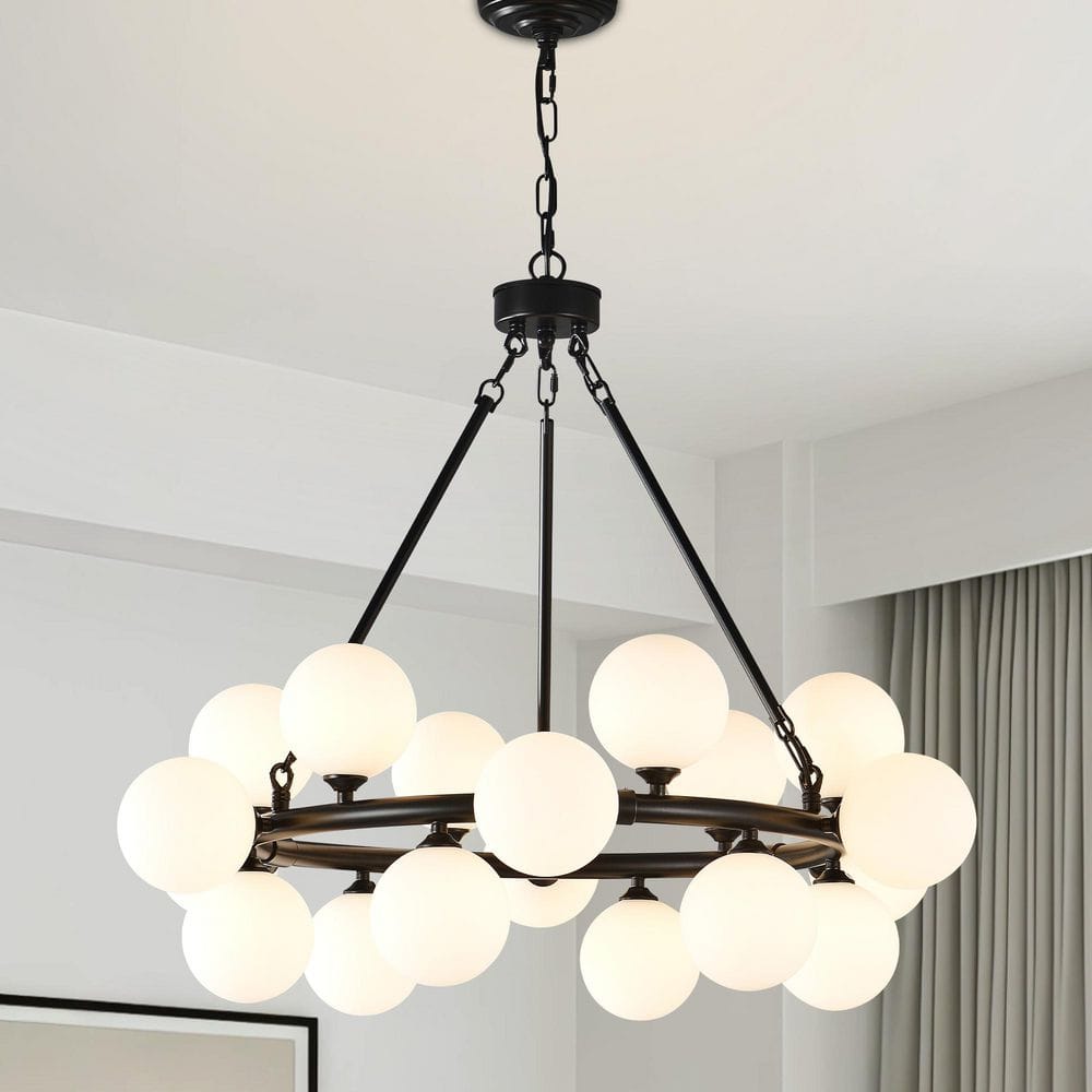 18-Light Chandelier Black Pendant Light Fxiture with Milky White Glass Ball Shade Modern Round Foyer Chandeliers price history on PriceWatchPro