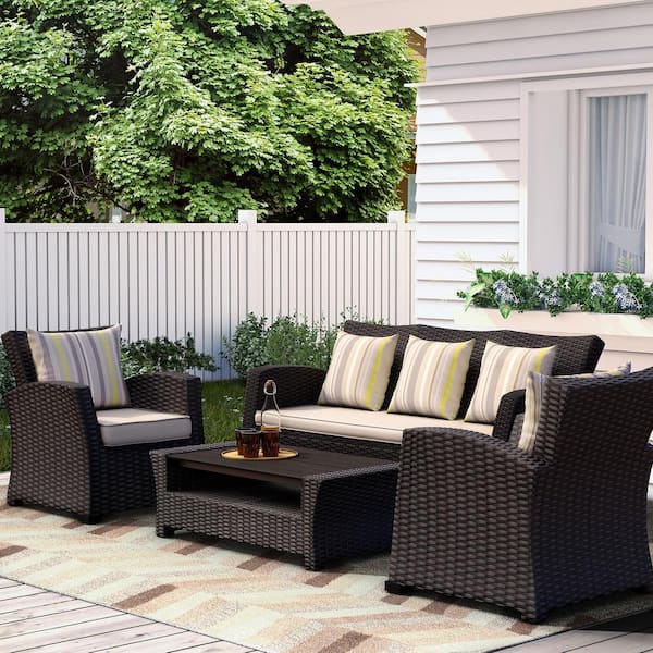 Atlantic Bradley 4-Piece Black Synthetic Wicker Patio Seating Set with Light Grey Cushions