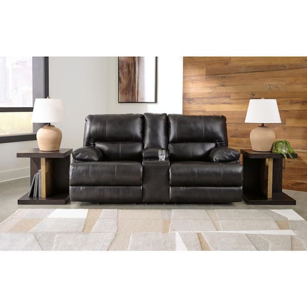 Mountainous 82 in. Solid Leather Match 2-Seater Power Reclining Loveseat with USB Port, Cup Holders and Console in Black