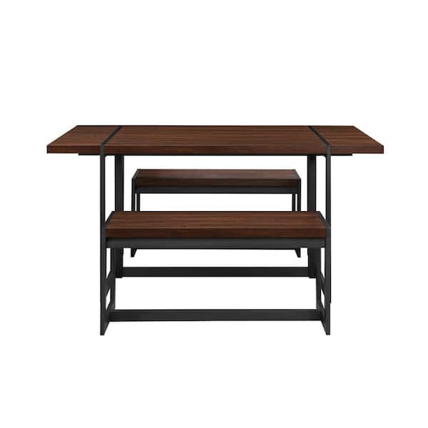 3-Piece Dark Walnut Wood and Metal Rustic Modern Box-Leg Dining Set
