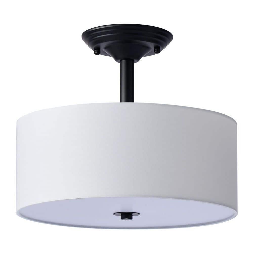 Cassie Contemporary Matte Black Drum Ceiling Light with White Shade
