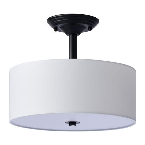 13 in. 2-Light Matte Black Semi-Flush Mount Light with Fabric Drum Shade