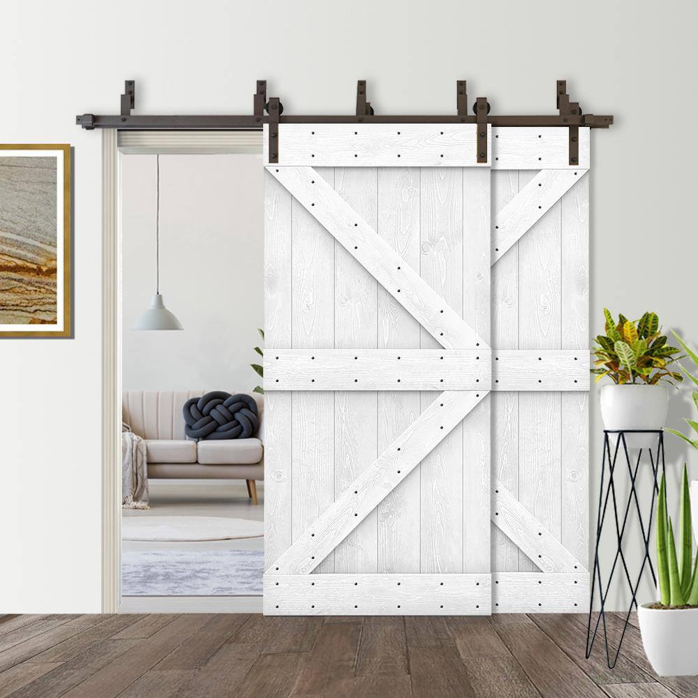 White Stained Knotty Pine Double Bypass Barn Door with Oil-Rubbed Bronze Hardware