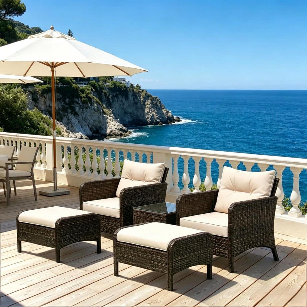 5-Piece Brown Wicker Outdoor Lounge Chair with Beige Cushion ,Tempered Glass Top Coffee Table and 2 Ottoman for Patio price history on PriceWatchPro