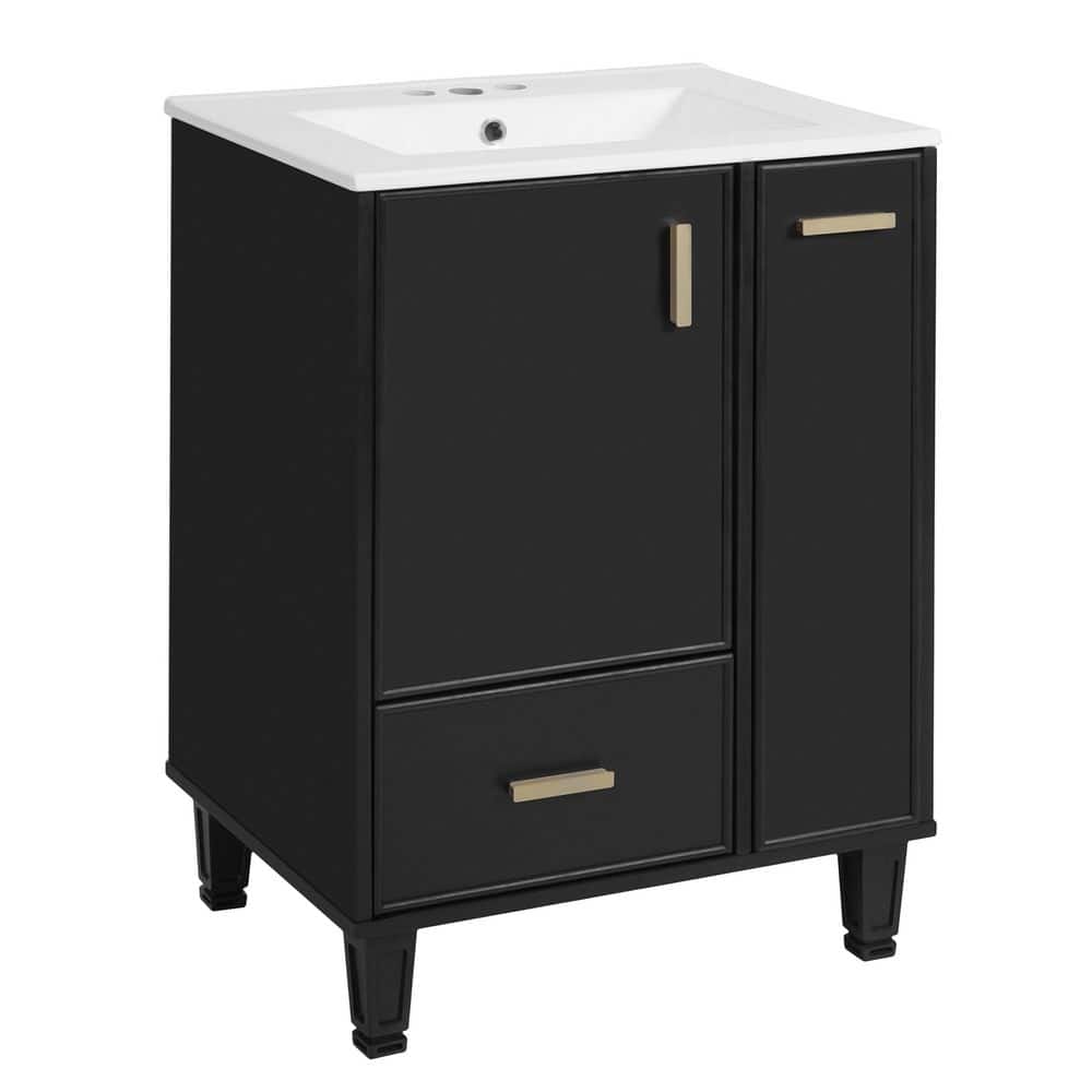 24 in. Freestanding Black Bath Vanity with White Ceramic Top Door Shelf, Deep Drawer price history on PriceWatchPro