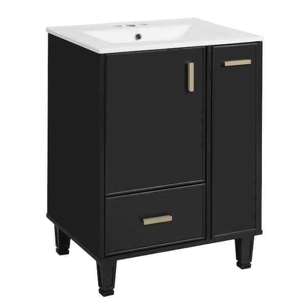 24 in. Freestanding Black Bath Vanity with White Ceramic Top Door Shelf, Deep Drawer