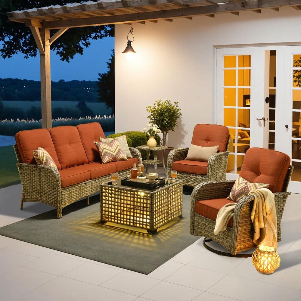 Beverly Gray 5-Piece Wicker Outdoor Patio Conversation Sofa Set with Swivel Rocking Chairs and Orange Red Cushions