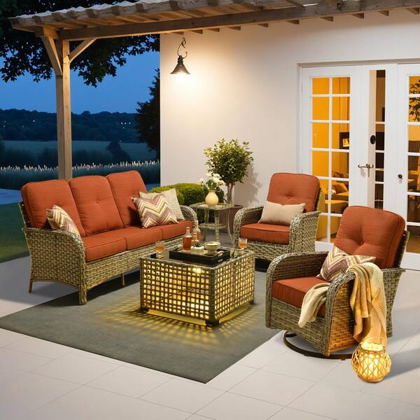 Beverly Gray 5-Piece Wicker Outdoor Patio Conversation Sofa Set with Swivel Rocking Chairs and Orange Red Cushions