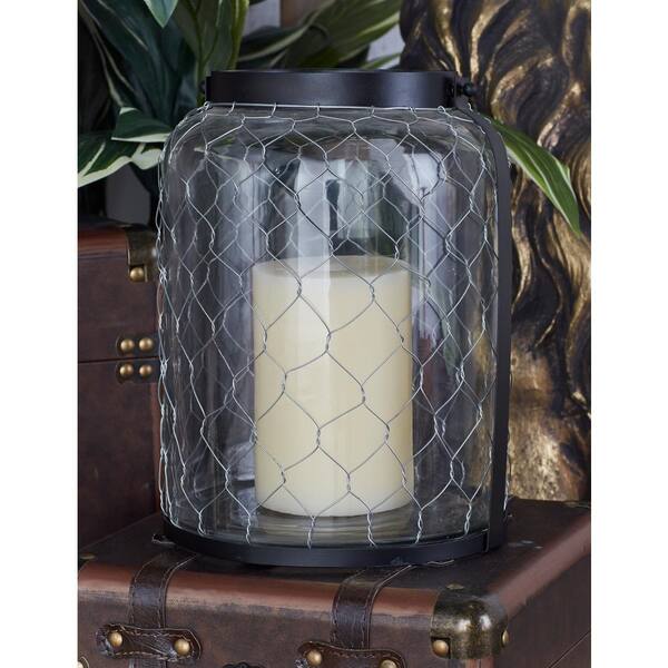 Litton Lane 12 in. Black Chain-Wrapped Candle Lantern