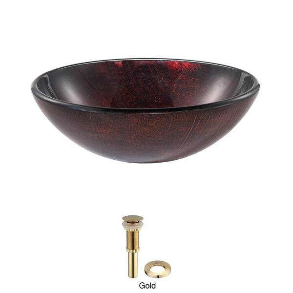 KRAUS Saturn Glass Vessel Sink in Red with Pop-Up Drain and Mounting Ring in Gold