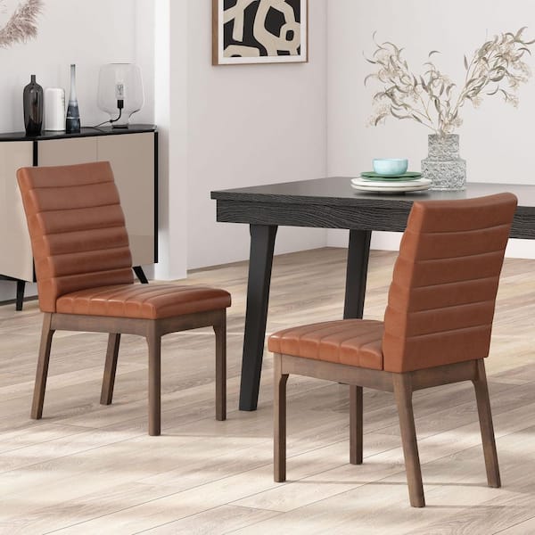 Harper & Bright Designs Cognac Brown Rubber Wood Polyester Upholstered Dining Chairs Set of 2