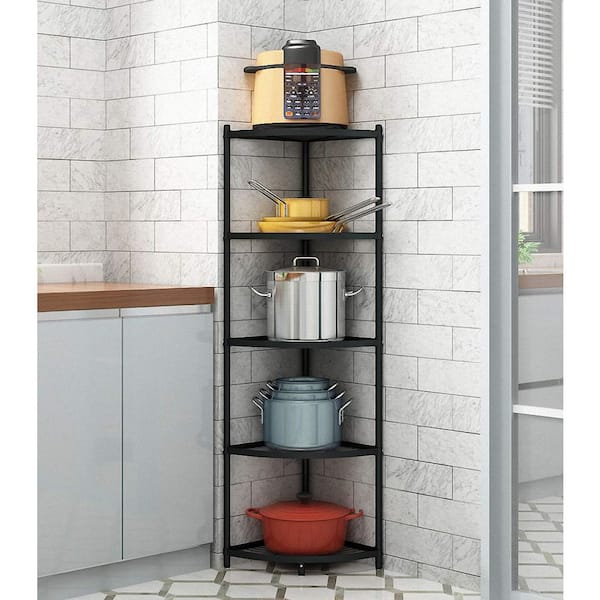 5-Tier Black Kitchen Corner Shelf Rack, Free Standing Pot Rack for Organizer Stainless Steel Cookware Stand