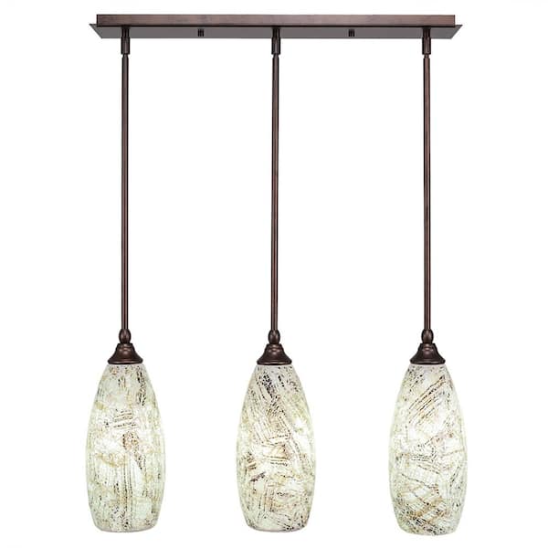 Unbranded Livingston 100-Watt 3 Light Bronze, Linear Pendant Light with 5.5 in. Natural Fusion Glass Shades No Bulbs Included