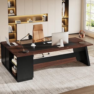 Capen 78 in. L Shaped Walnut and Black Wood Executive Desk with Lateral File Cabinet, Modern Computer Desk Home Office