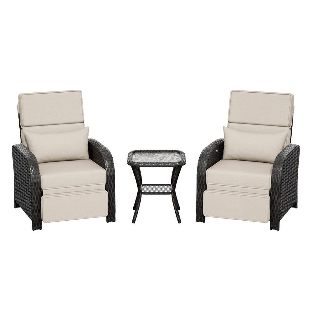 3-Piece Brown Wicker Patio Conversation Set Adjustable Recliner Chair with Side Table and Beige Cushions price history on PriceWatchPro